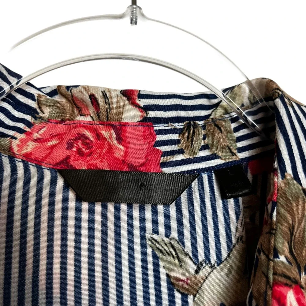 Navy‎ Striped Floral Bird Print Sleeveless Midi Dress  Red Roses Size L